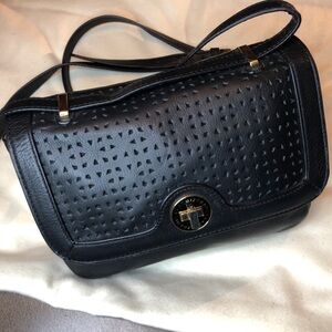Isaac Mizrahi Black lazer cut leather Crossbody Bag. Callout- no tassel